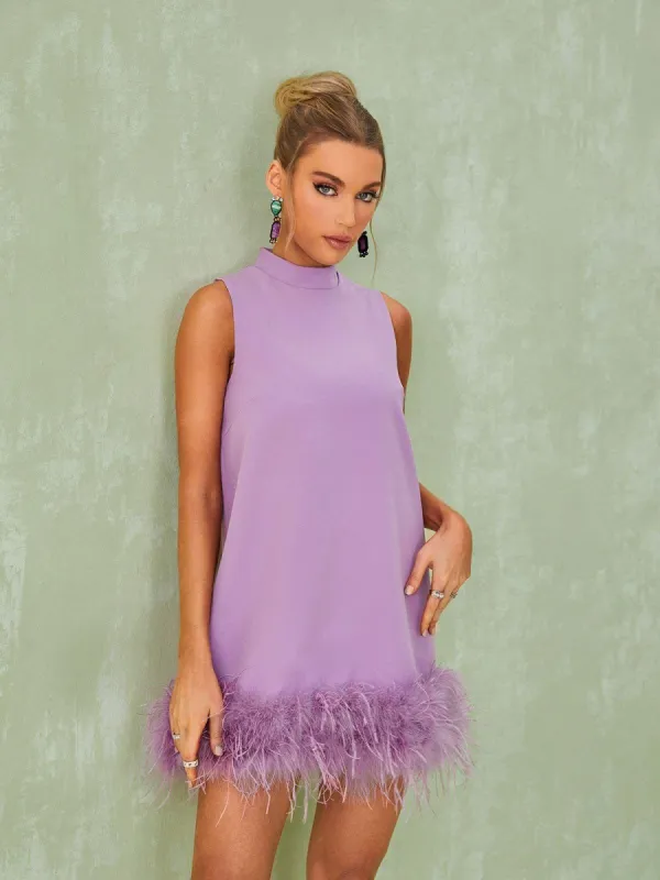 Nisha Feather Mini Dress In Lilac sold by Mew Mews
