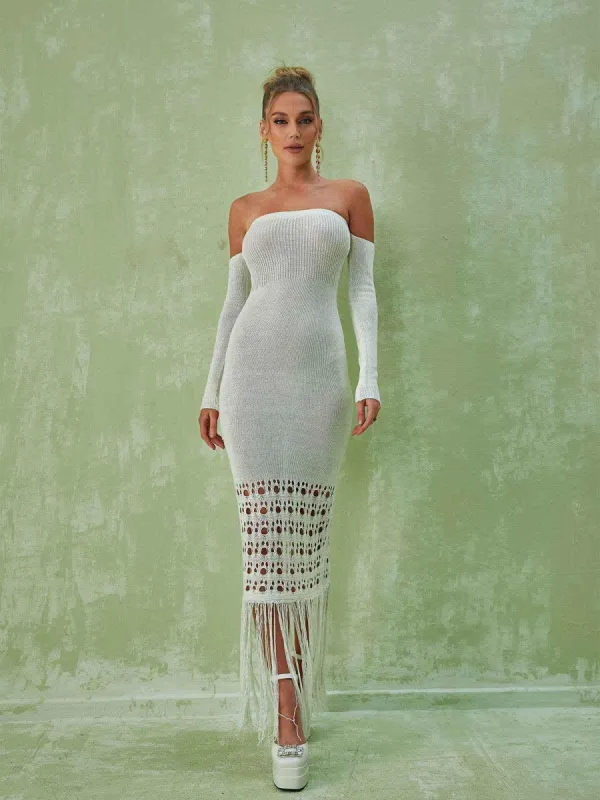 Malti Off Shoulder Fringe Maxi Dress sold by Mew Mews