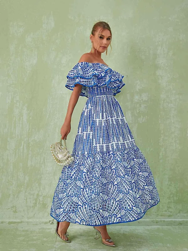 Soleil Off Shoulder Hollow Maxi Dress In Blue made by Mew Mews