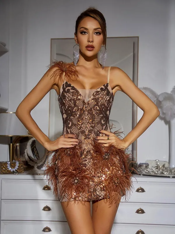 Keziah Mesh Sequin Feather Mini Dress sold by Mew Mews