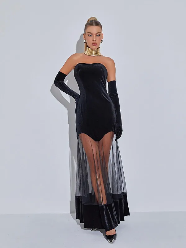 Rena Strapless Velvet Mesh Maxi Dress sold by Mew Mews