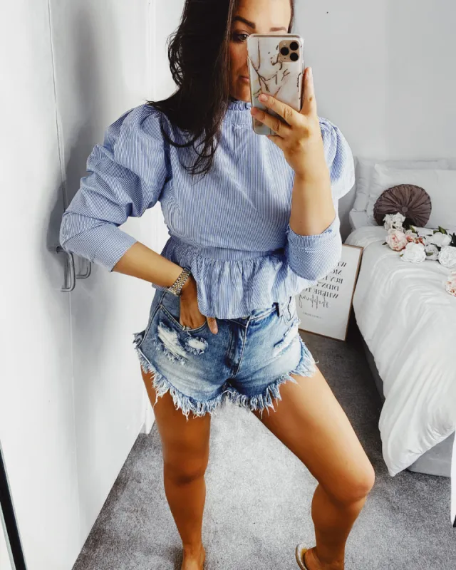 Harmony Peplum Top blue stripe sold by Fearless