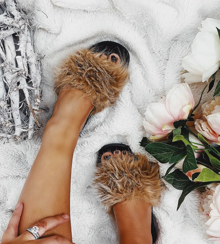 Fluffy - Mocha Fur Sliders sold by Fearless