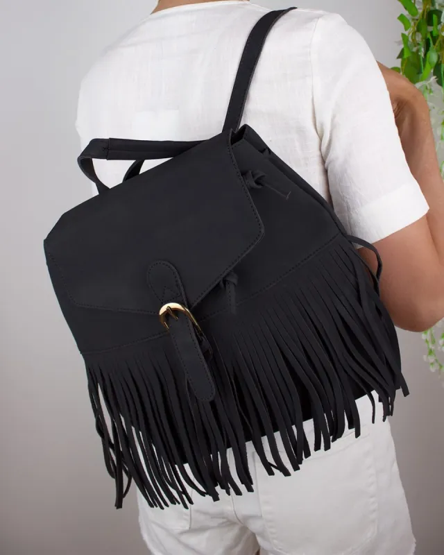 COACHELLA Fringe Suede Backpack in Black sold by Fearless