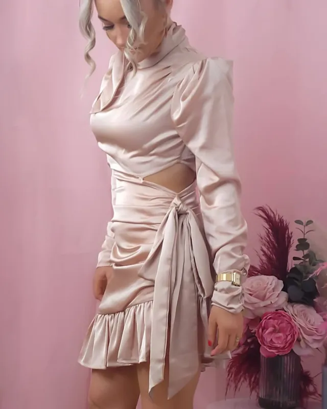 ARIYA Satin Cut Out Detail Frill Hem Ruched Mini Dress sold by Fearless