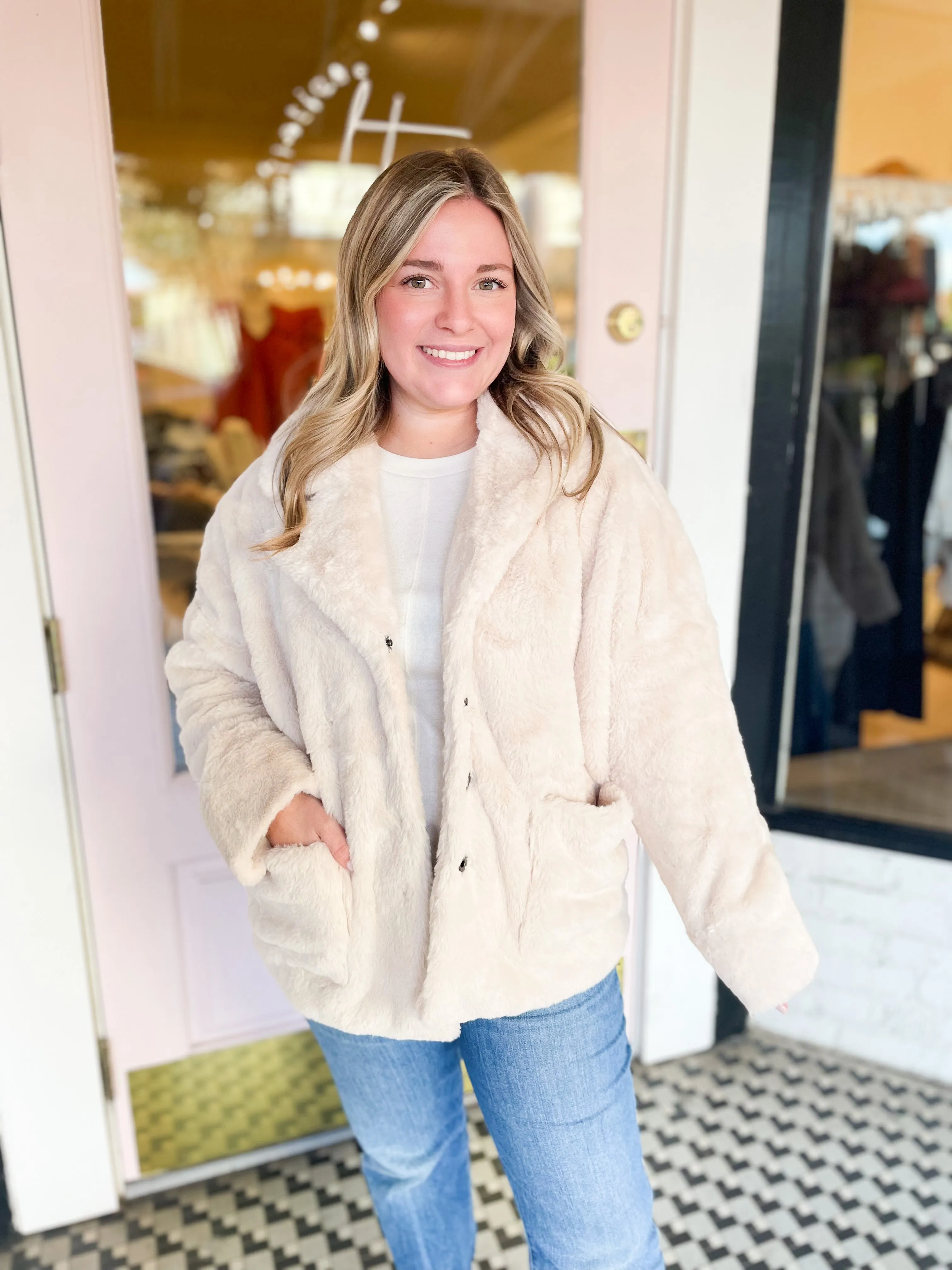 Faux Fur Ivory Jacket sold by Belletique