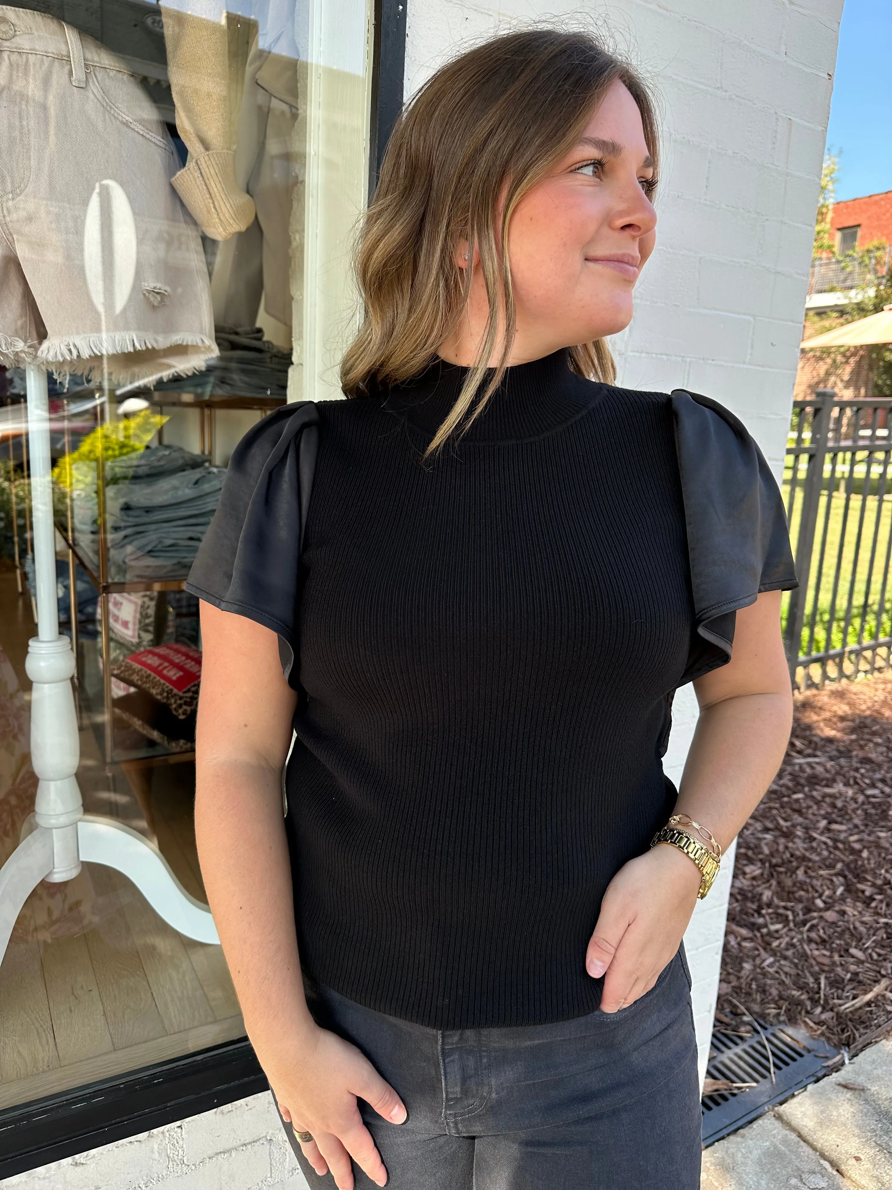 Maria Sweater with Satin Sleeves | Black sold by Belletique product image thumbnail 2