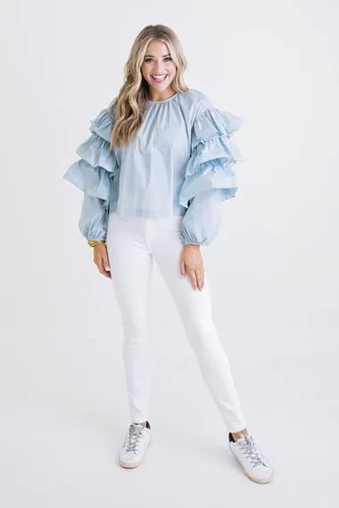 Poplin Ruffle Sleeve Top | Sky Blue sold by Belletique