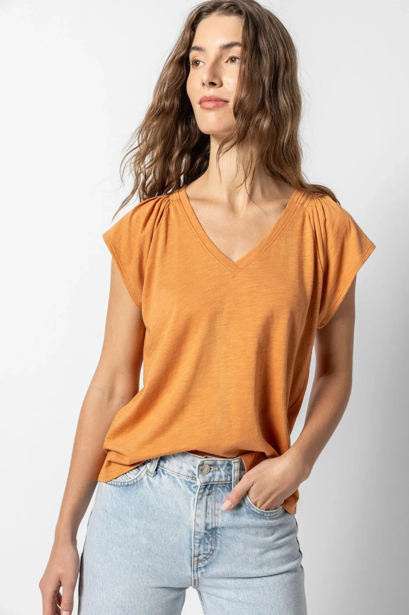 Shirred Shoulder V-Neck | Honey sold by Belletique