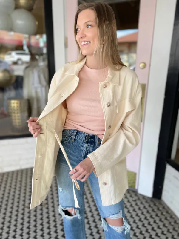 Daria Cream Shacket sold by Belletique