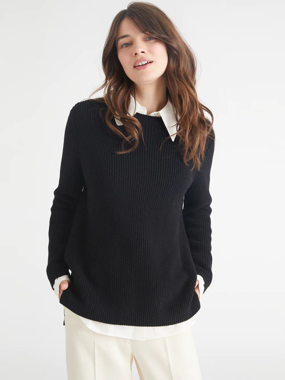 Emma Crewneck Shaker Stitch Sweater | Black sold by Belletique