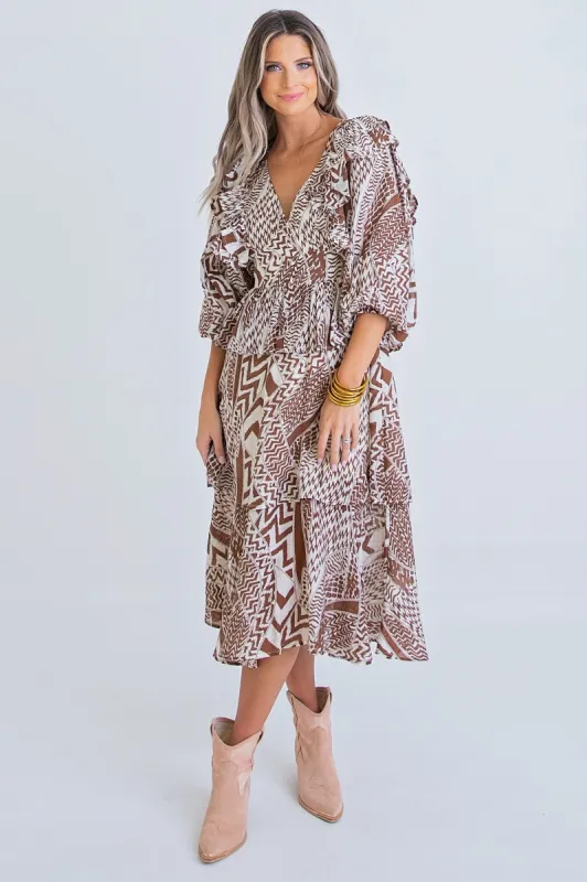 Geometric Ruffle Midi Dress sold by Belletique