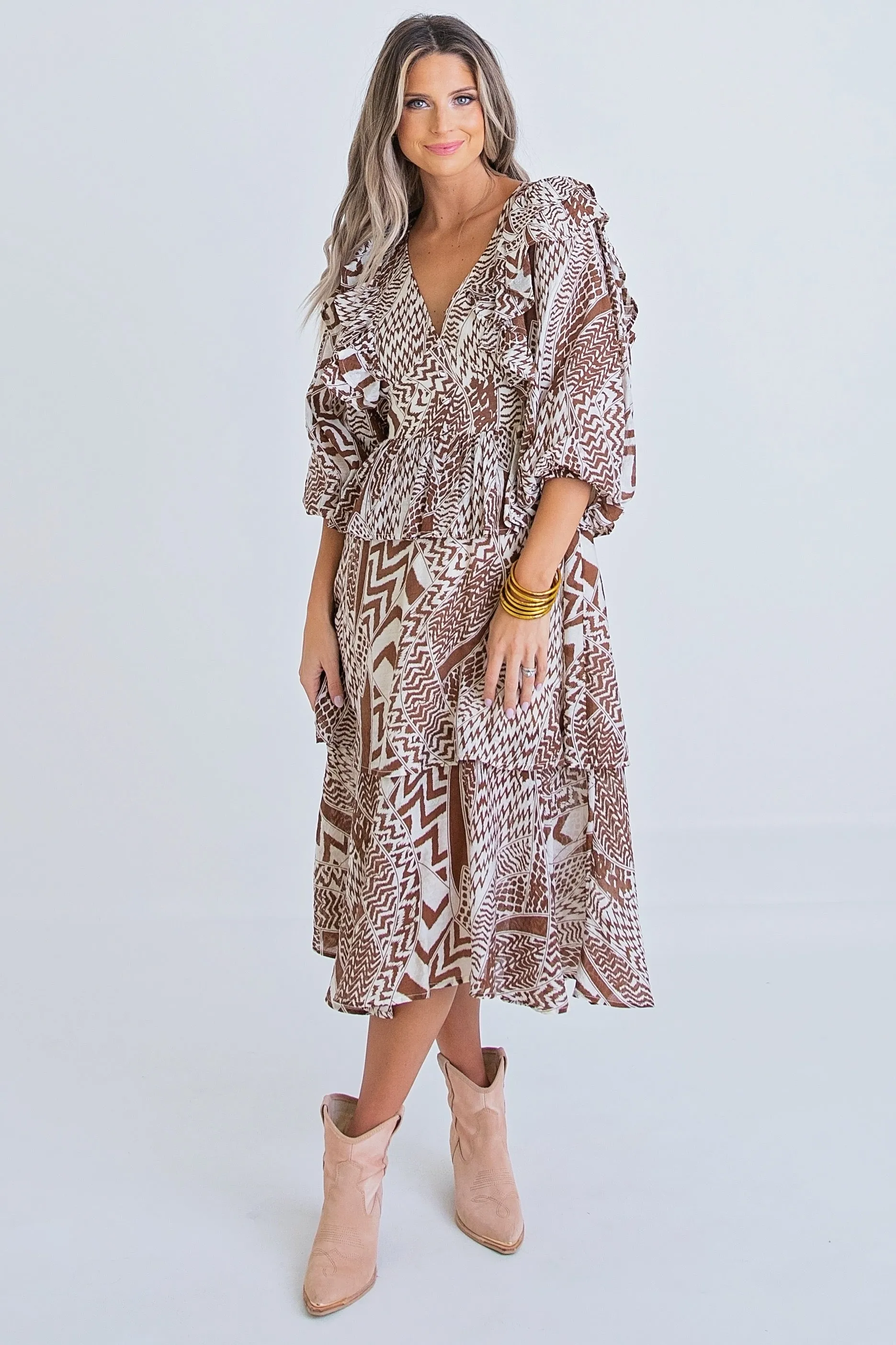 Geometric Ruffle Midi Dress sold by Belletique