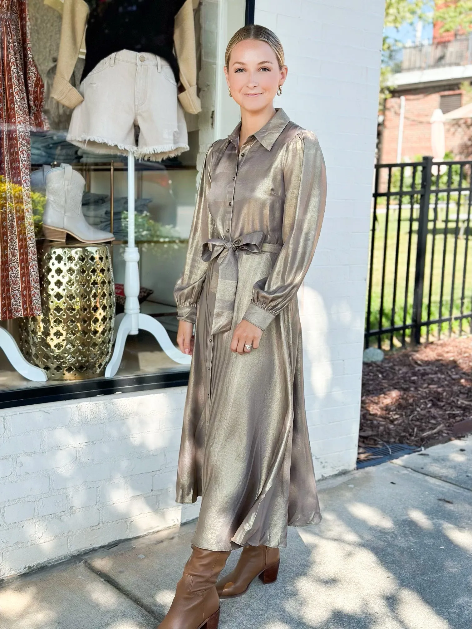 Button Down Shirt Dress | Gold sold by Belletique