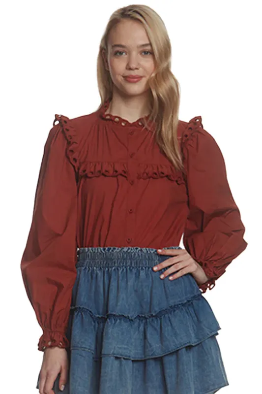 Eyelet Ruffle Trim LS Button Down Shirt sold by Belletique