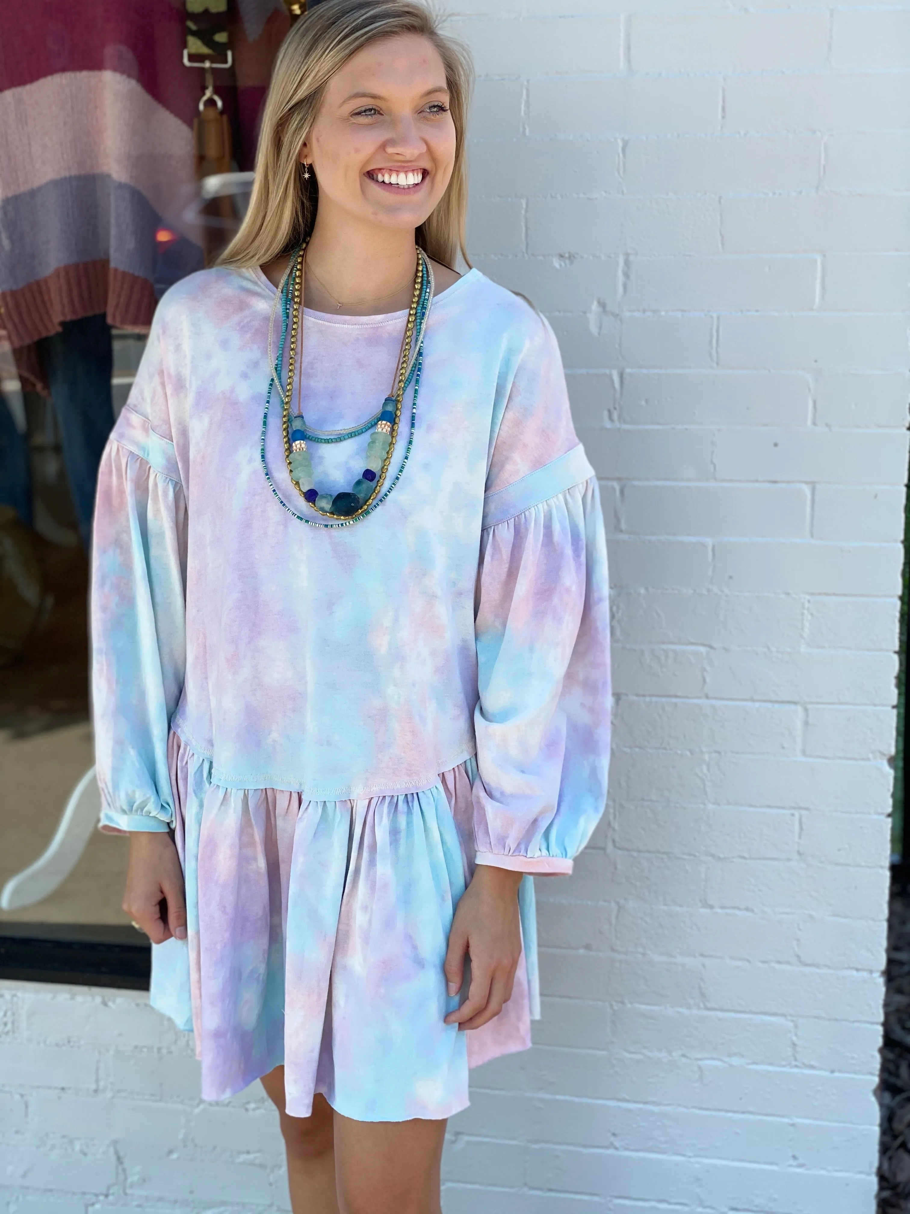 Tie Dye Ruffle Knit Dress sold by Belletique