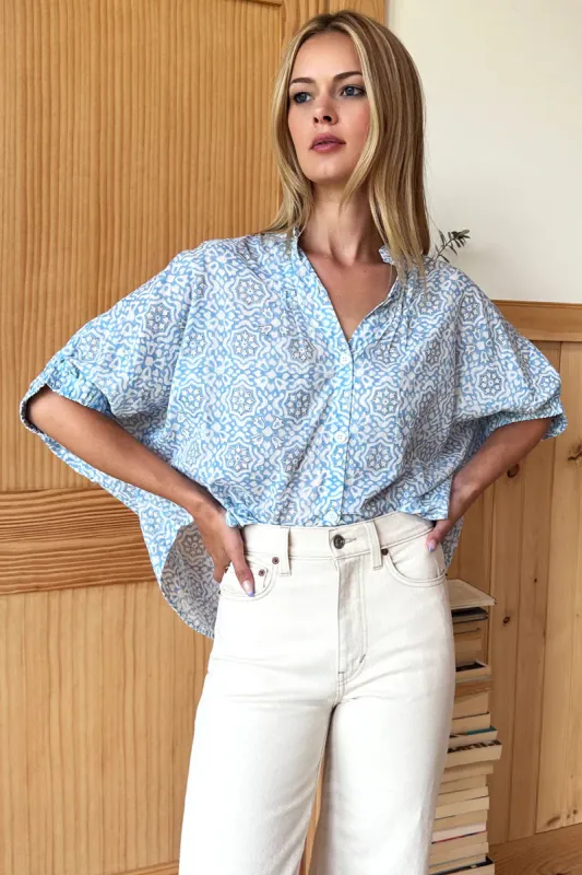 Mandarin Collar Top | Geo Flower Blue sold by Belletique