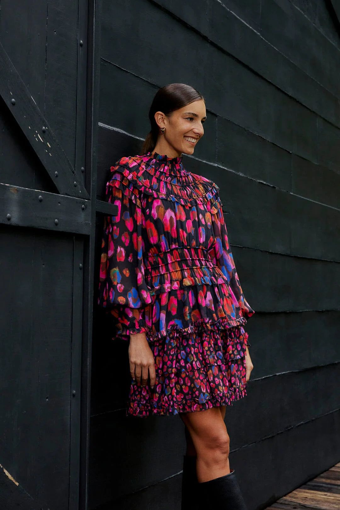 Black Iridescent Leopards Ruffle Mini Dress | Farm Rio | Parallel