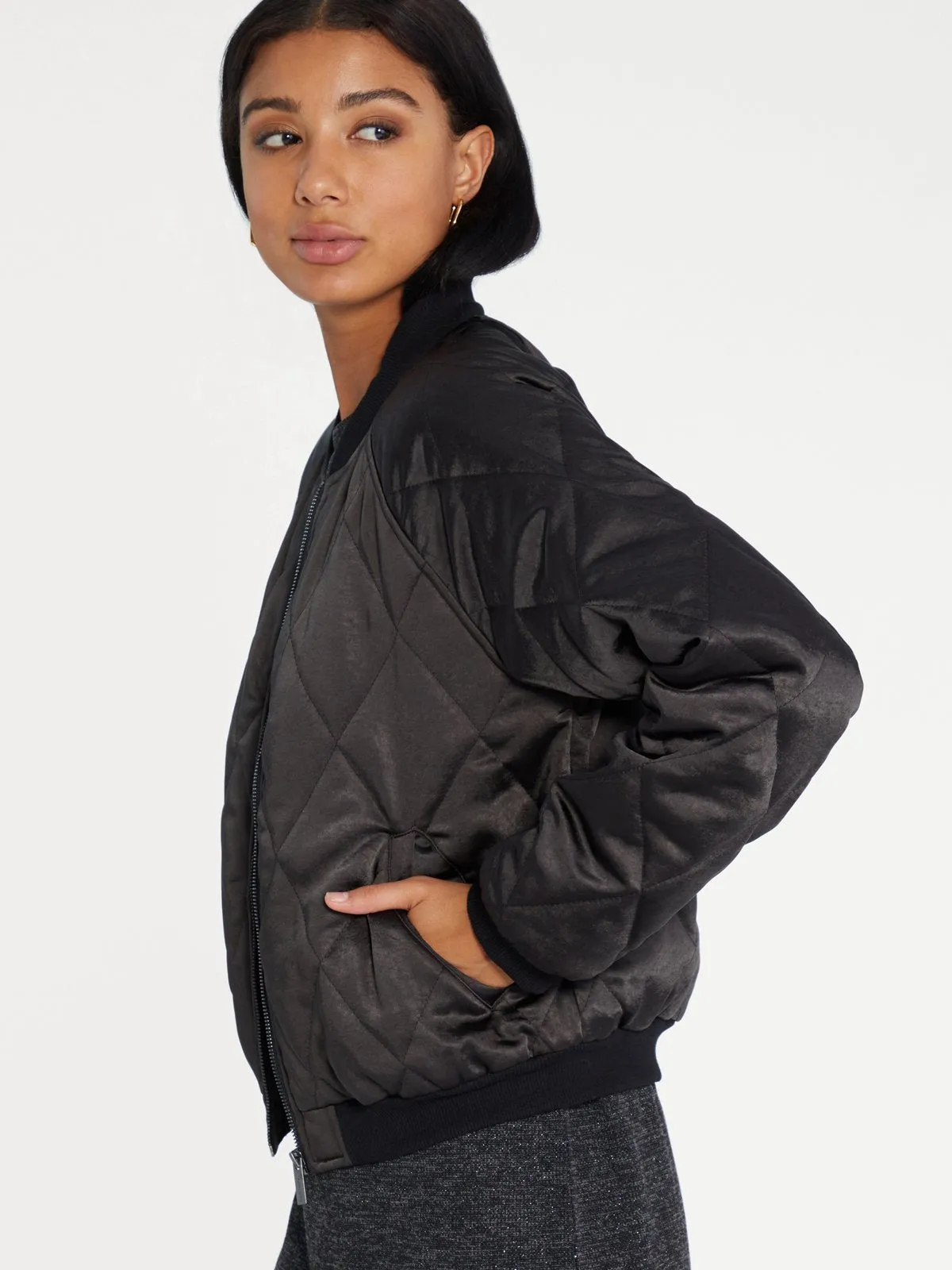 Quilted Satin Bomber | Black sold by Belletique
