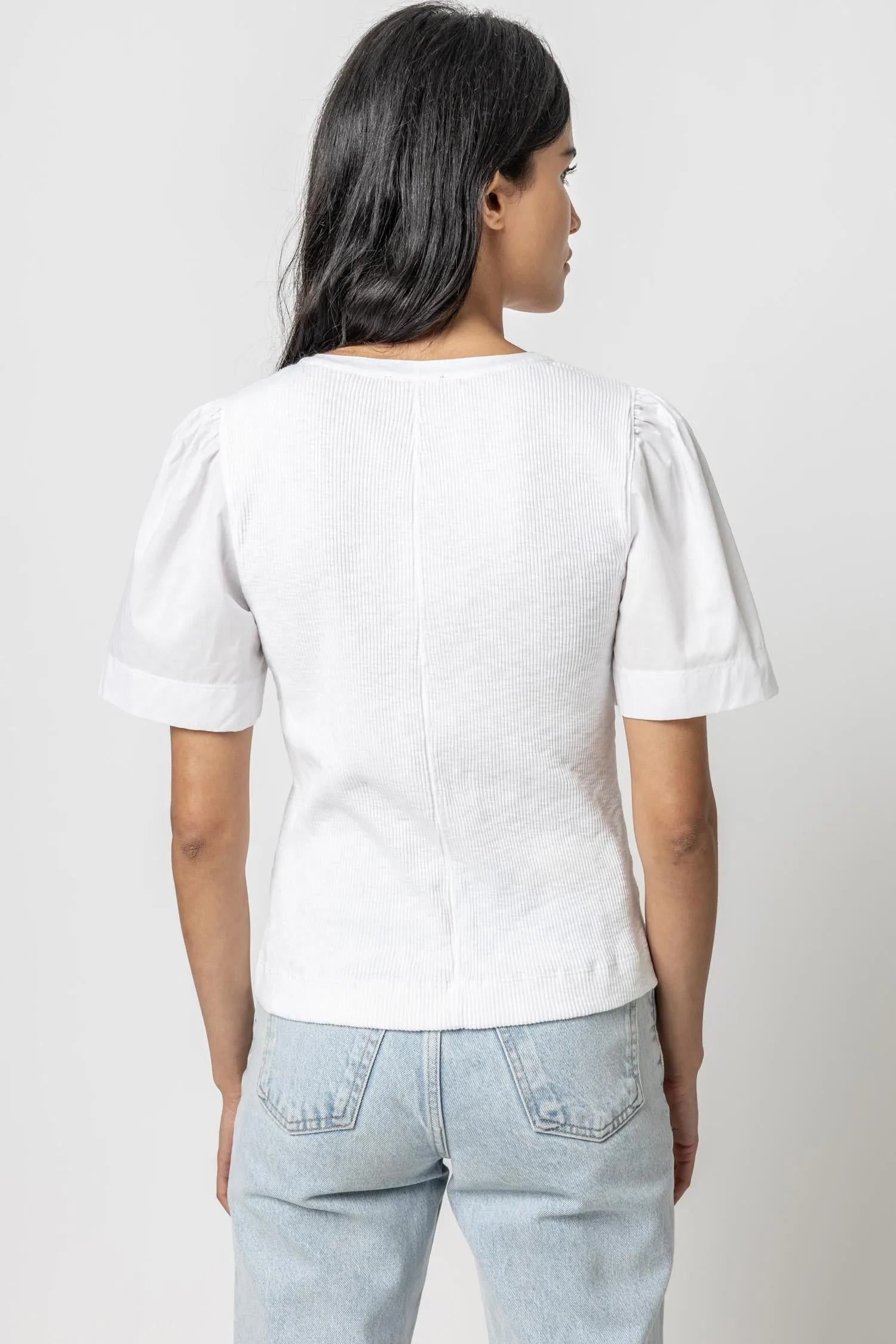 Woven Sleeve Split Neck Top | White sold by Belletique product image thumbnail 2