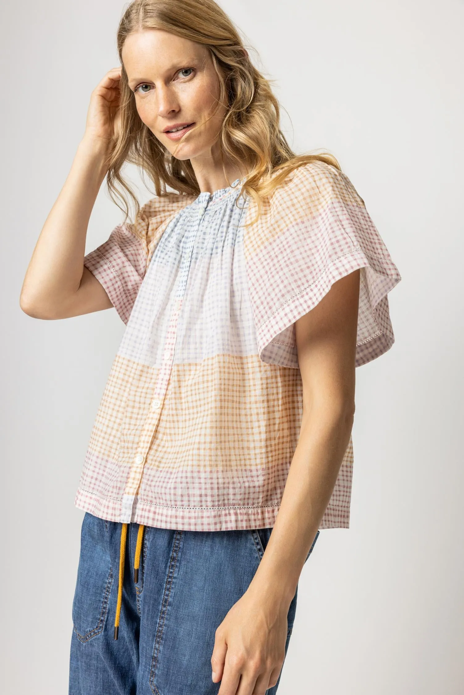 Flutter Sleeve Button Down Top | Abstract Check sold by Belletique