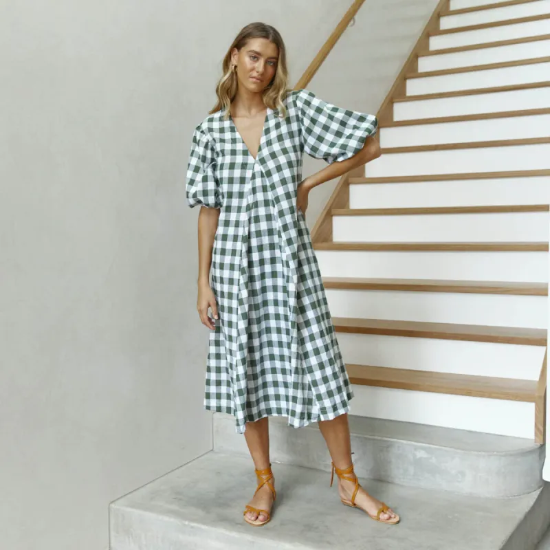 Charlotte Dress | Olive Check sold by Belletique