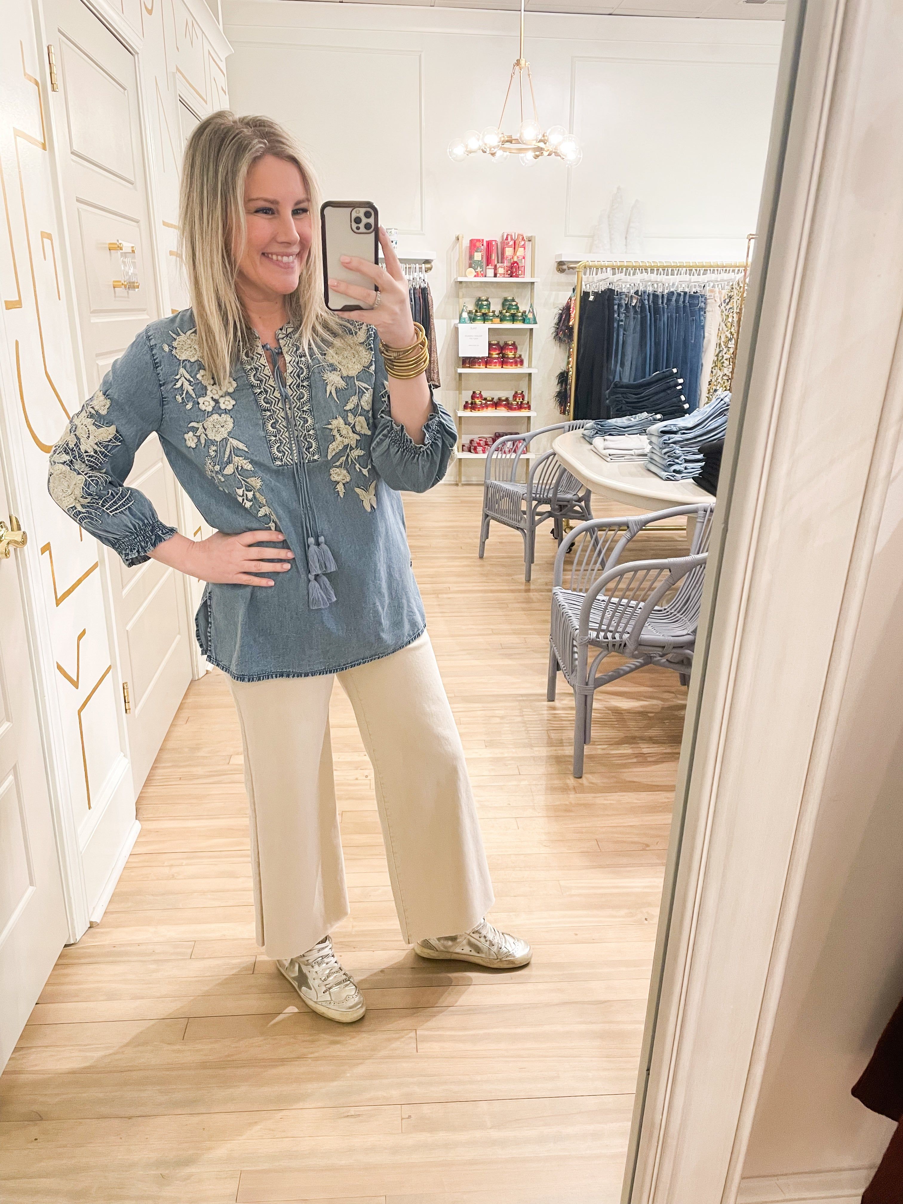 Embroidered Chambray Top sold by Belletique