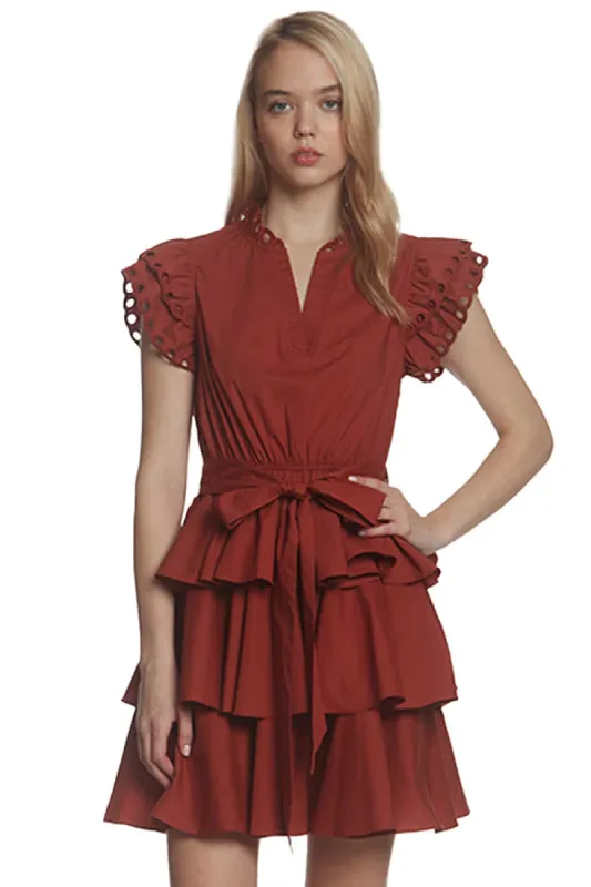 Eyelet Ruffle Trim Belted Mini Dress sold by Belletique