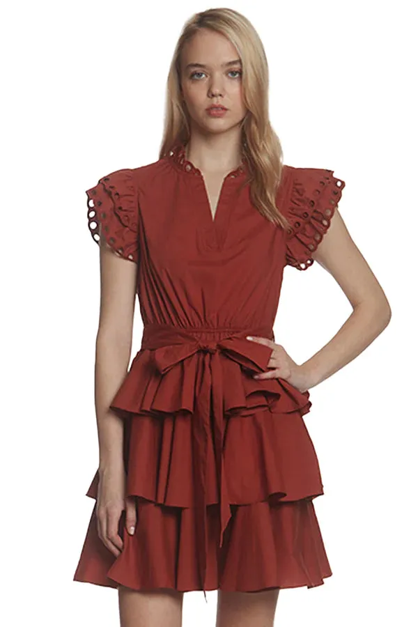 Eyelet Ruffle Trim Belted Mini Dress sold by Belletique