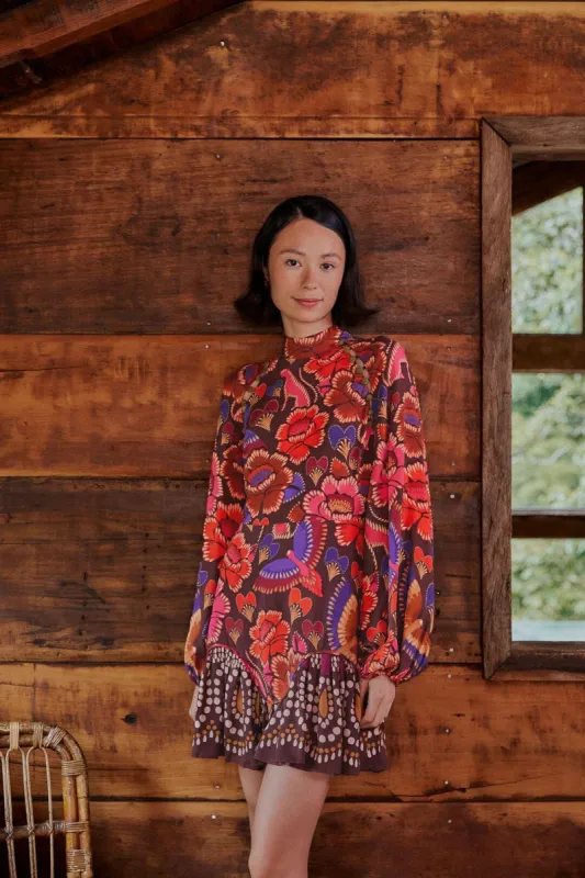 Brown Bright Flora Long Sleeve Mini Dress sold by Belletique