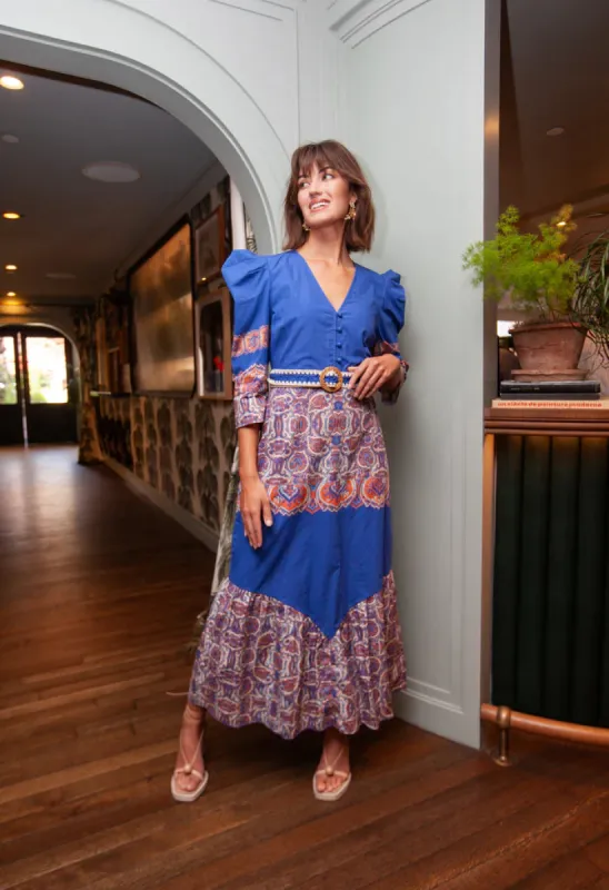 Alys Maxi Dress | Cobalt + Tangerine sold by Belletique