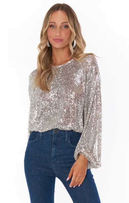 Good Times Top | Platinum Sequins sold by Belletique