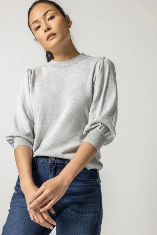 Rib Trim Puff Sleeve Sweater | Heather Grey sold by Belletique