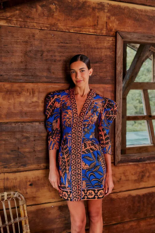 Blue Tropical Gold Short Sleeve Mini Dress | Farm Rio sold by Belletique