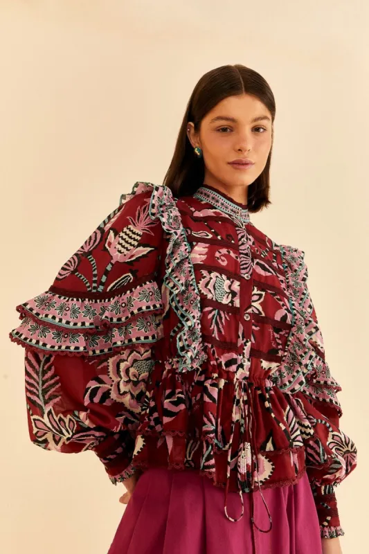 Burgundy Pineapple Inspiration Ruffle Blouse | Farm Rio sold by Belletique