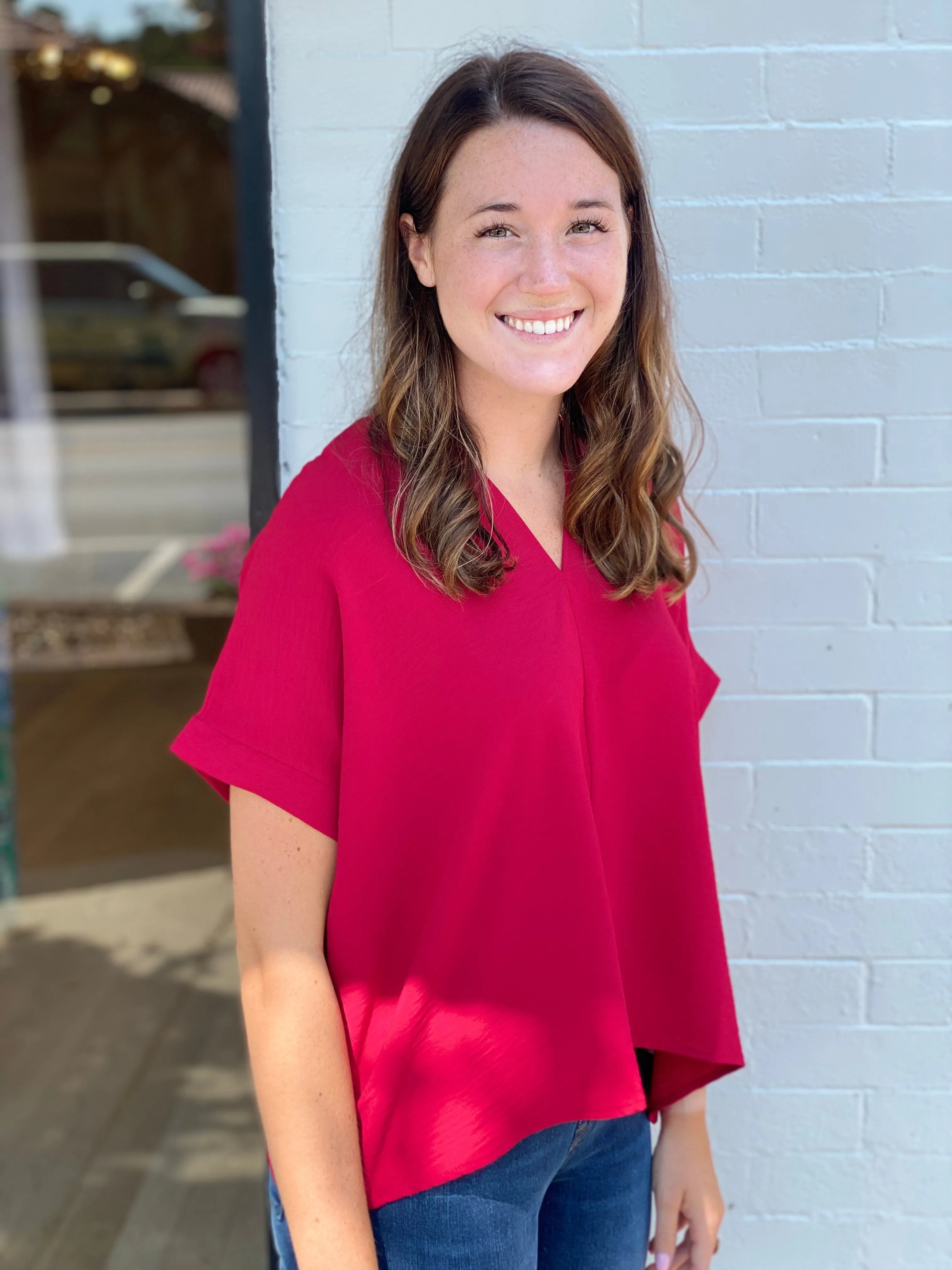 V Neck Top | Red sold by Belletique