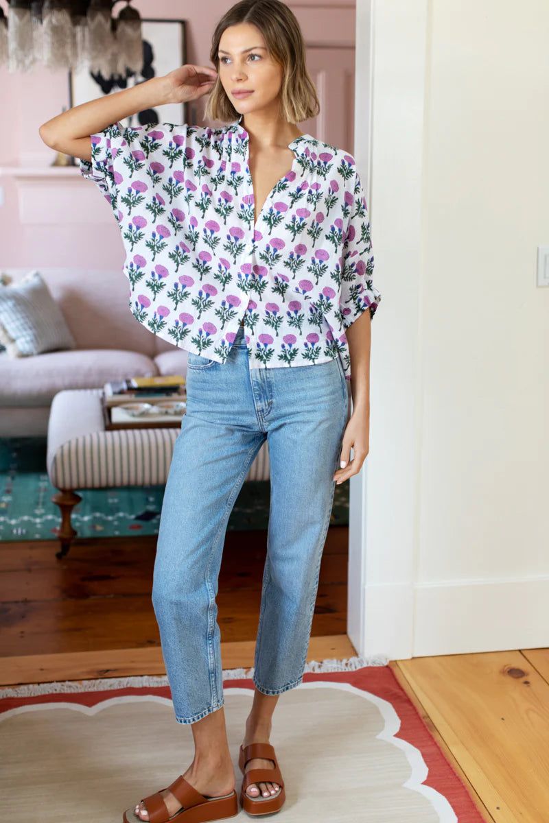 Mandarin Collar Top | Big Marigolds Purple Organic sold by Belletique product image thumbnail 4