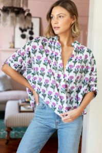 Mandarin Collar Top | Big Marigolds Purple Organic sold by Belletique