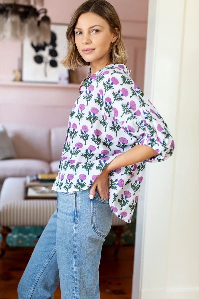 Mandarin Collar Top | Big Marigolds Purple Organic sold by Belletique product image thumbnail 3