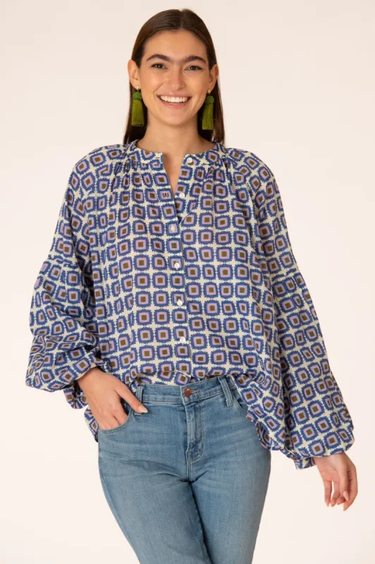 Emory Blouse in Blue Mini Geo sold by Belletique