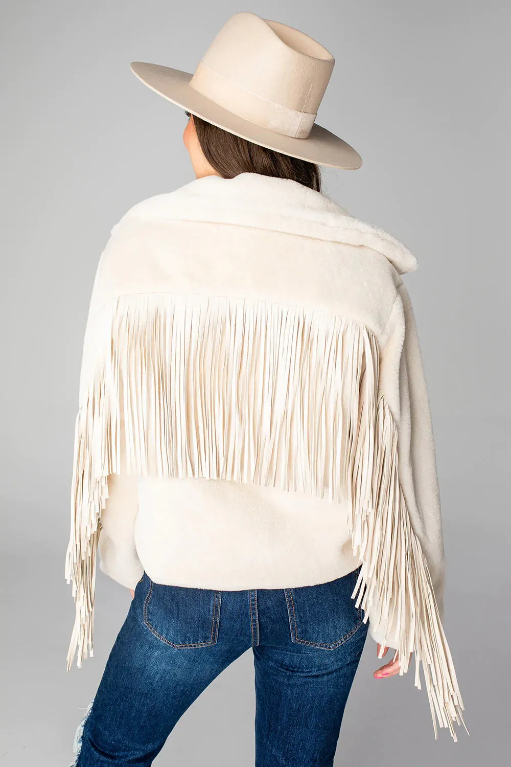 Skylar Fringe Faux Fur Jacket | Cream sold by Belletique product image thumbnail 4