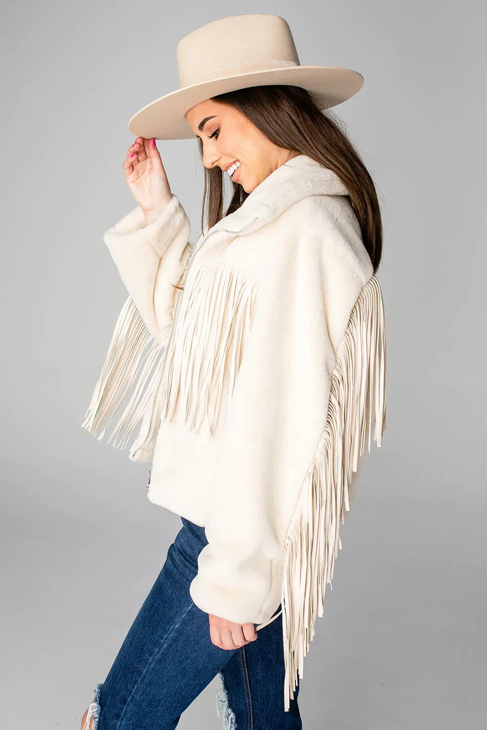 Skylar Fringe Faux Fur Jacket | Cream sold by Belletique product image thumbnail 3