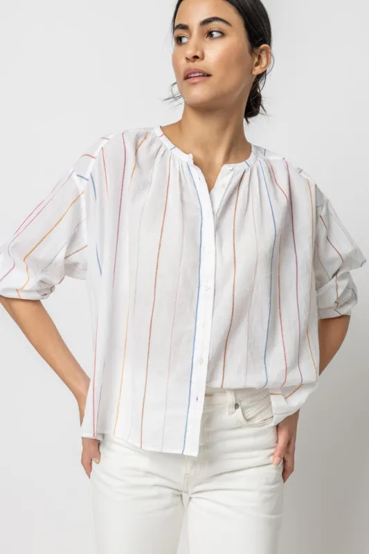 Bracelet Sleeve Shirred Blouse | Multi Stripe sold by Belletique