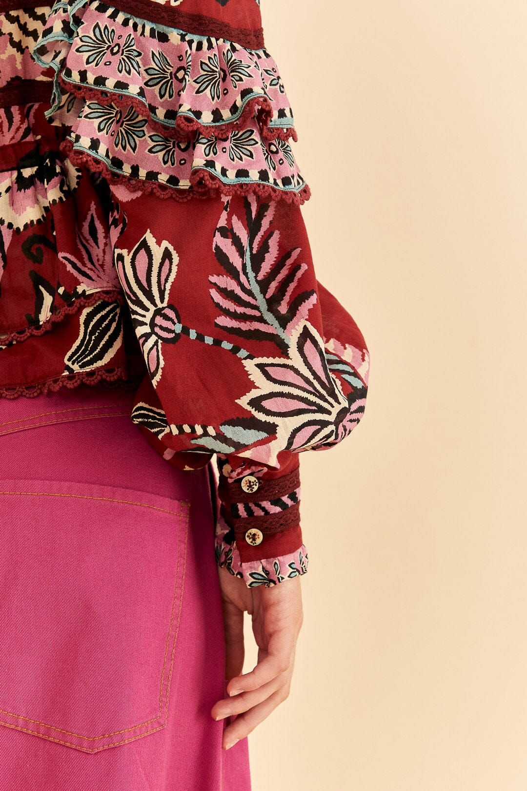 Burgundy Pineapple Inspiration Ruffle Blouse | Farm Rio sold by Belletique product image thumbnail 4