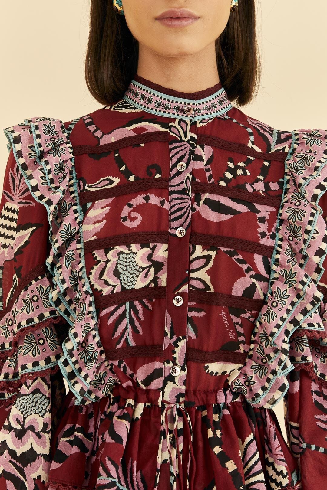 Burgundy Pineapple Inspiration Ruffle Blouse | Farm Rio sold by Belletique product image thumbnail 2