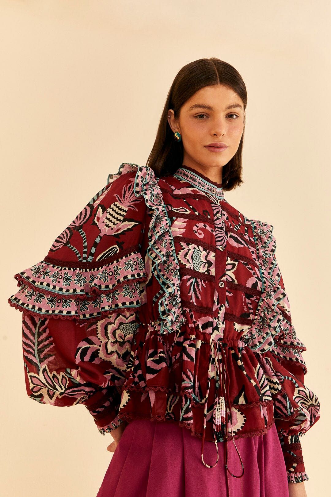 Burgundy Pineapple Inspiration Ruffle Blouse | Farm Rio sold by Belletique