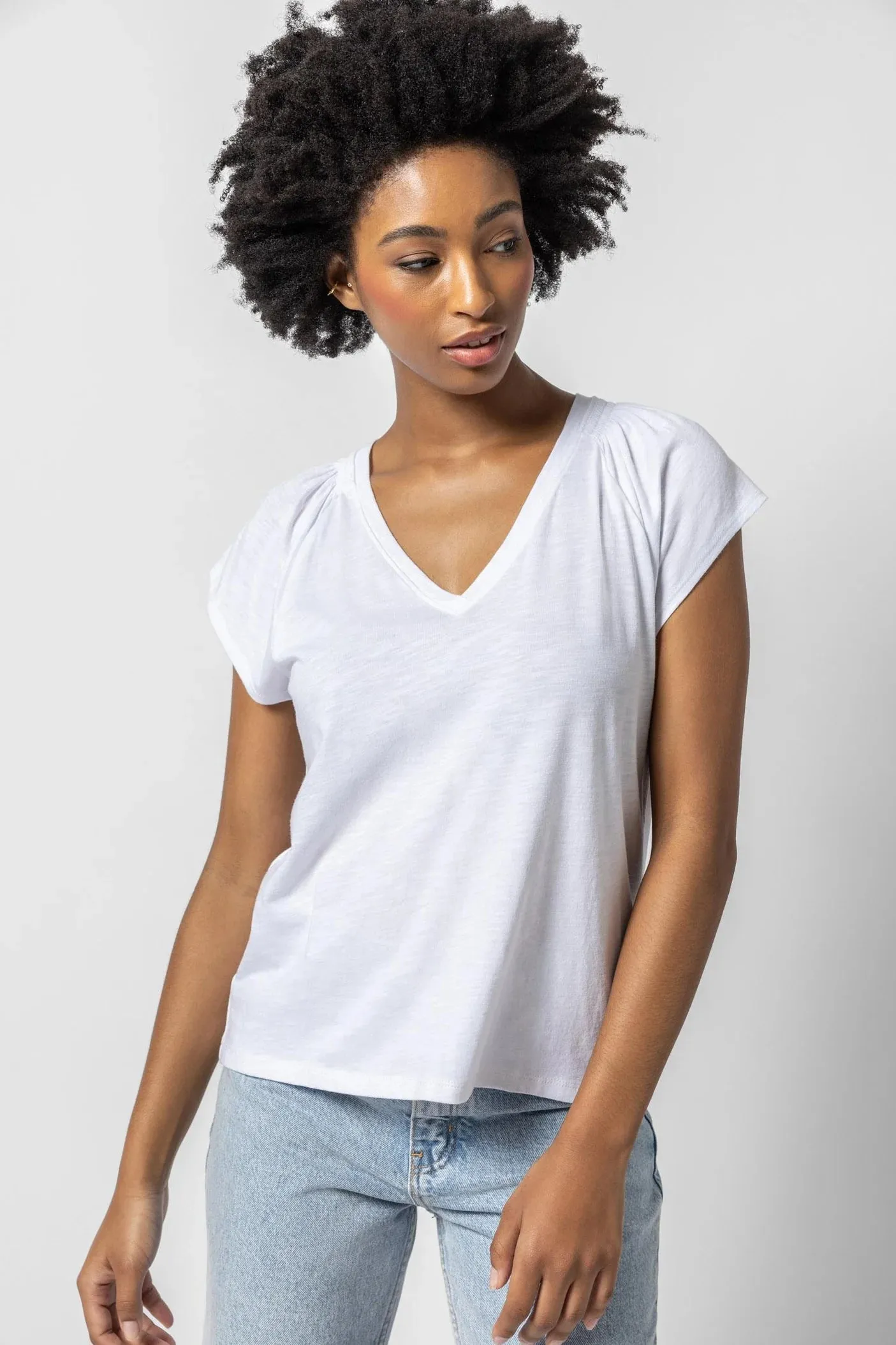 Shirred Shoulder V-Neck | White sold by Belletique