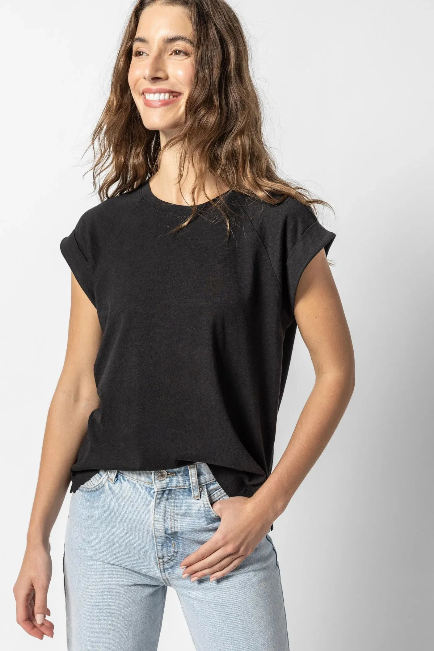 Boxy Cuffed Sleeve Crewneck | Black sold by Belletique