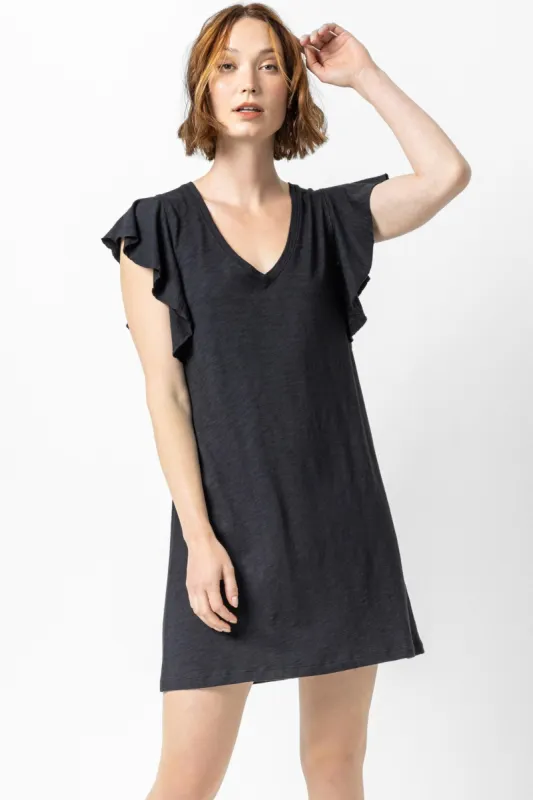 Flutter Sleeve V-Neck Dress | Black sold by Belletique