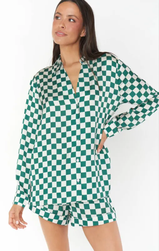 Early Riser PJ Set | Green Checker Silky sold by Belletique